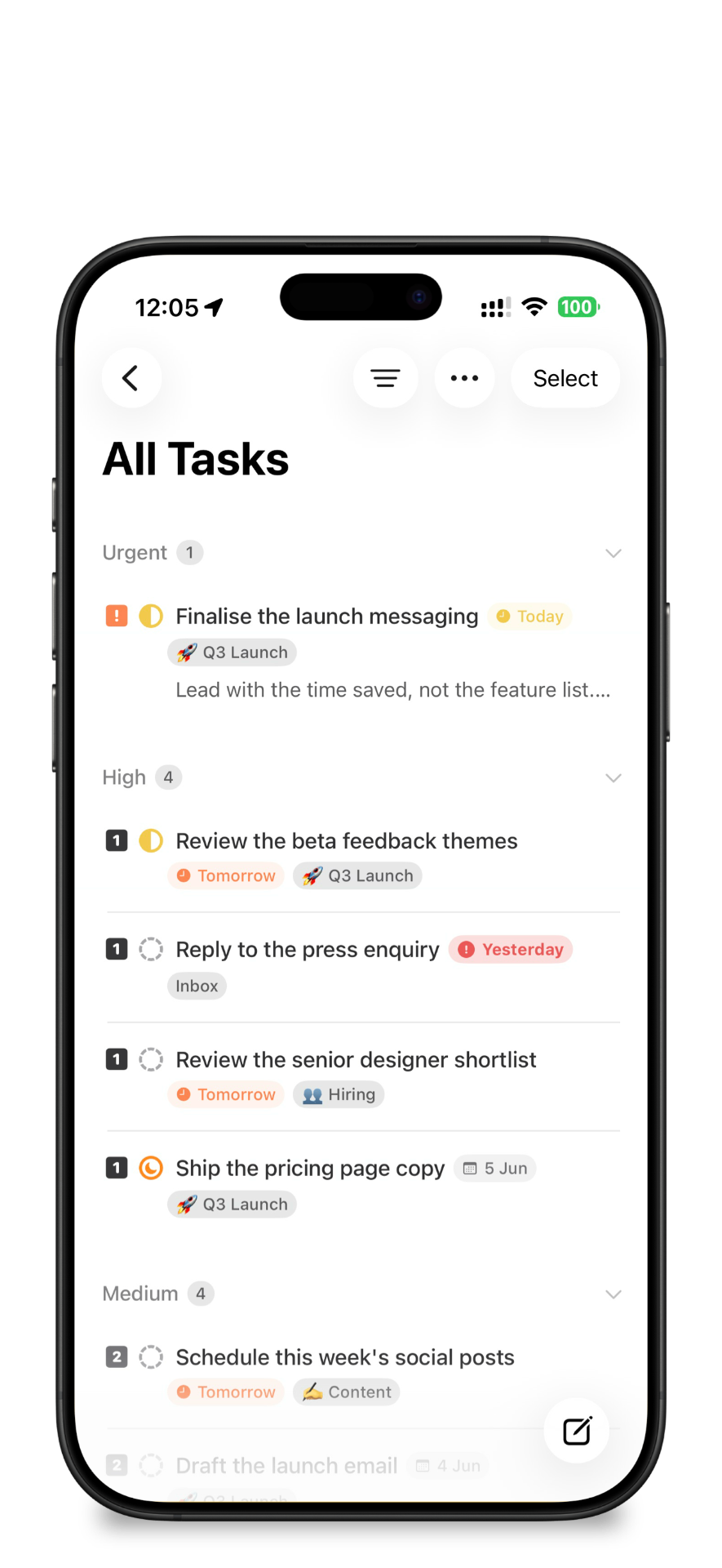 All tasks organised by priority