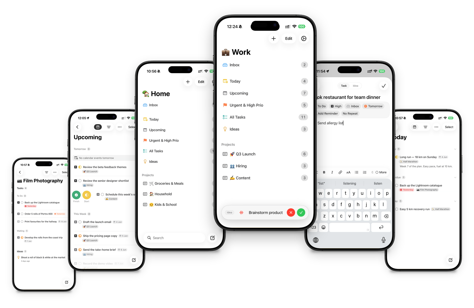 Orion Tasks running on iPhone — home, today, capture, upcoming, and project views
