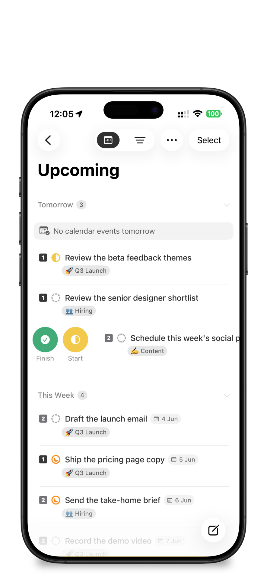 Upcoming tasks grouped by date